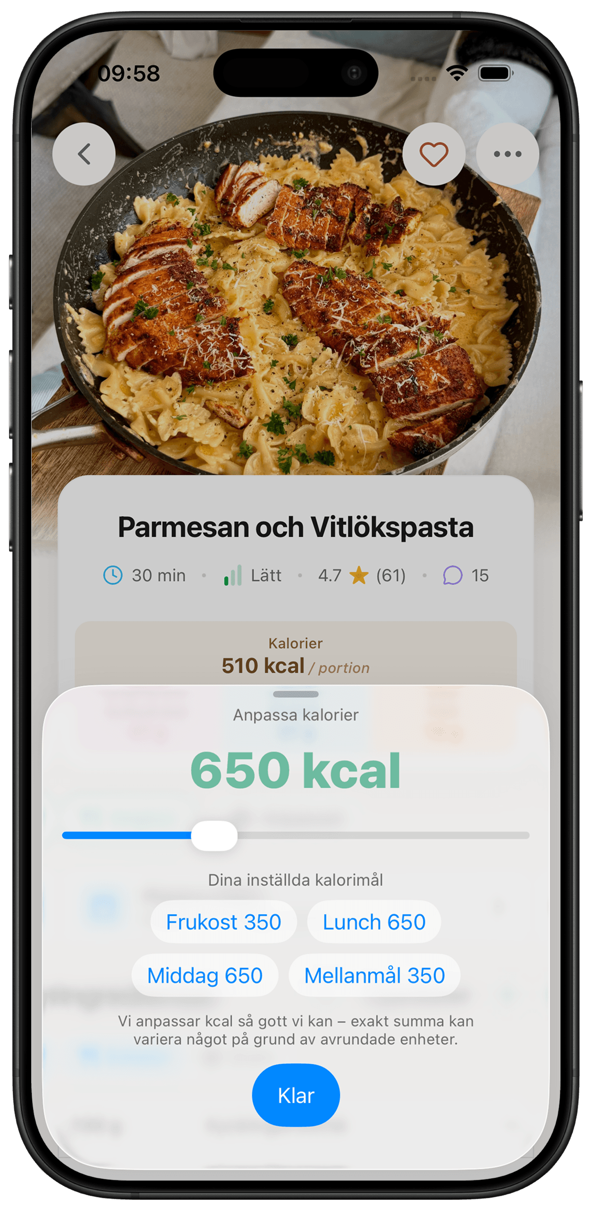 app: receptvy med kcal som anpassats
