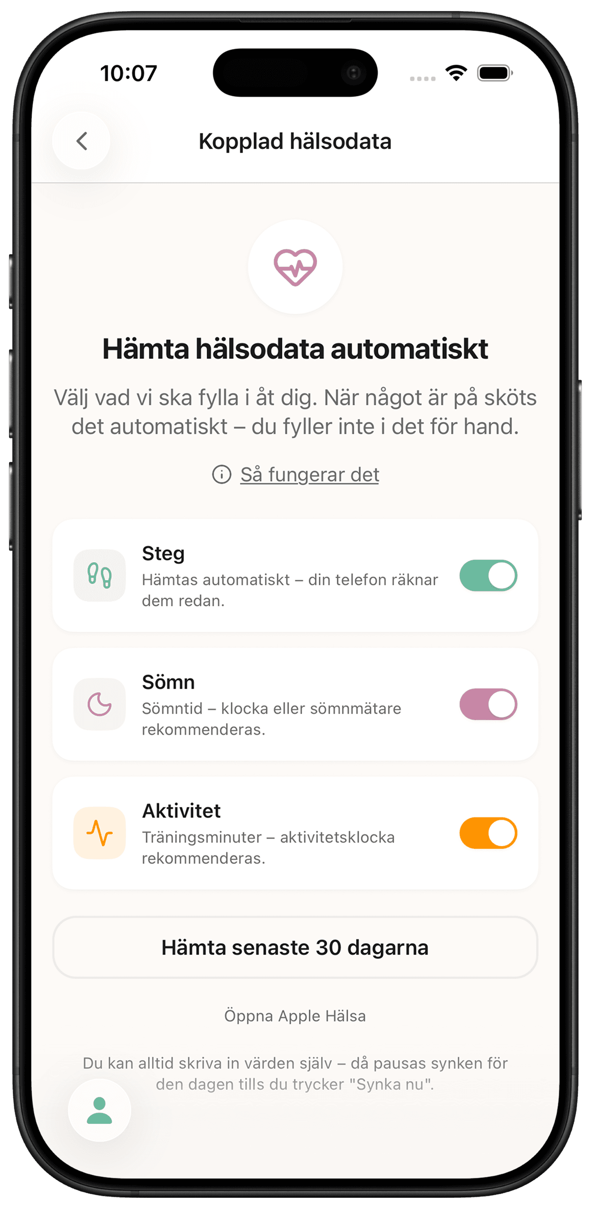 app: steg, aktivitet och sömn från dina enheter